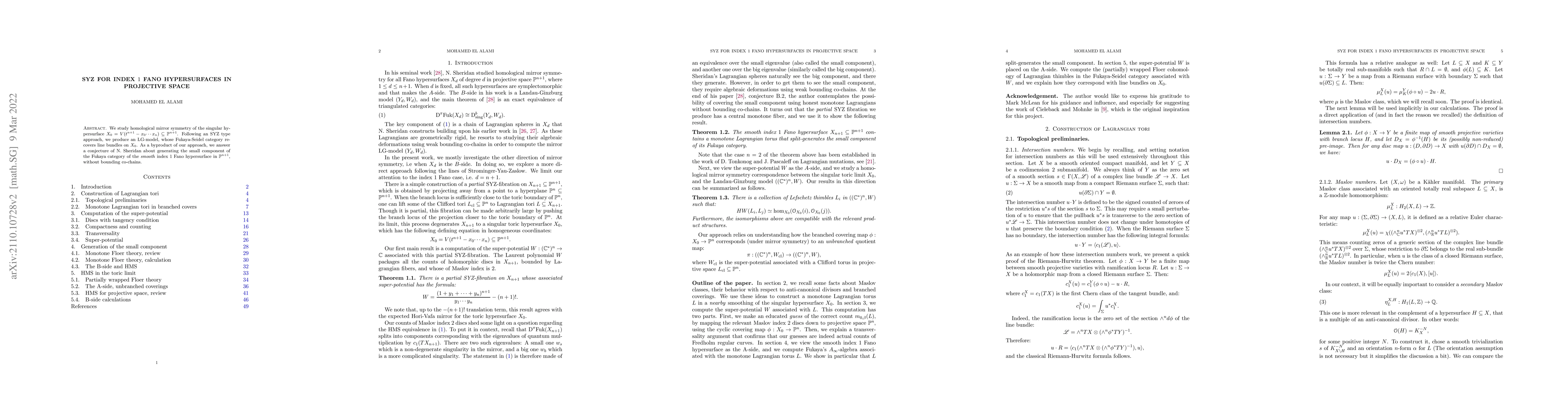 Thumbnail for SYZ for index 1 Fano hypersurfaces in projective space