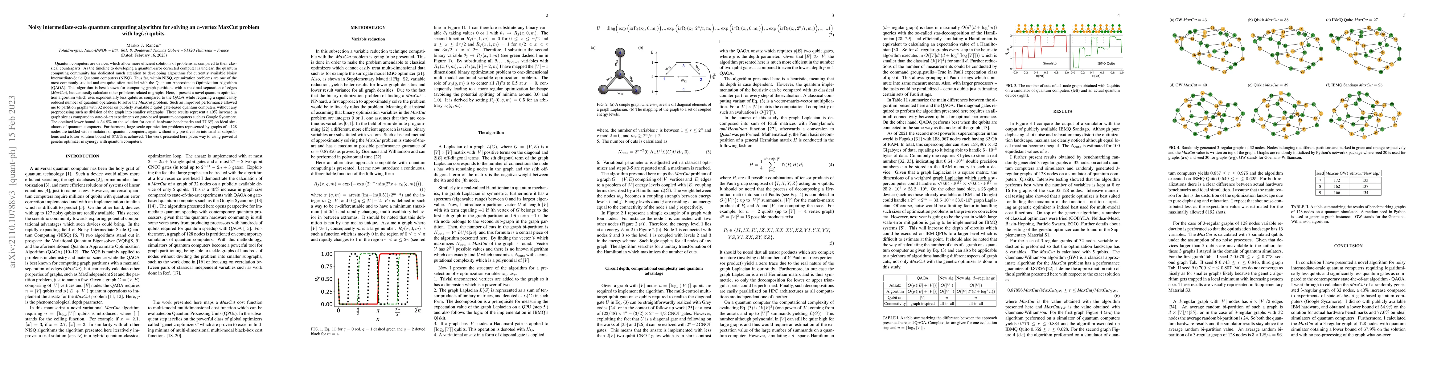 Thumbnail for Noisy intermediate-scale quantum computing algorithm for solving an
  $n$-vertex MaxCut problem with log($n$) qubits