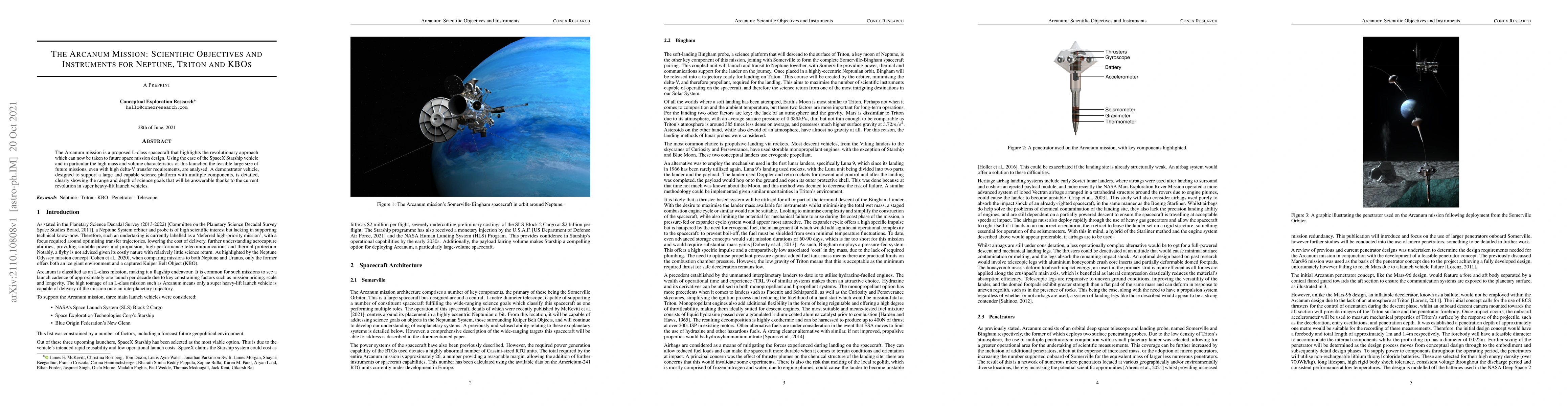 Thumbnail for The Arcanum Mission: Scientific Objectives and Instruments for Neptune,
  Triton and KBOs