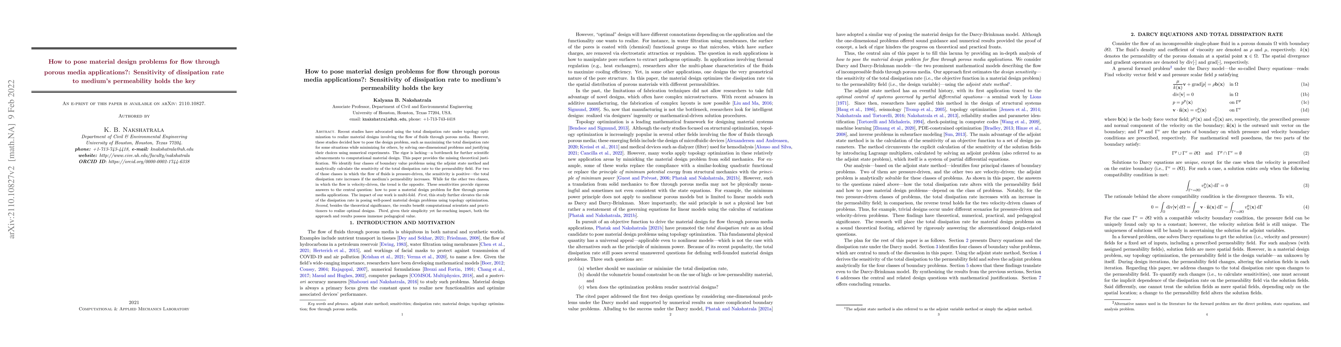Thumbnail for How to pose material design problems for flow through porous media
  applications?: Sensitivity of dissipation rate to medium's permeability holds
  the key