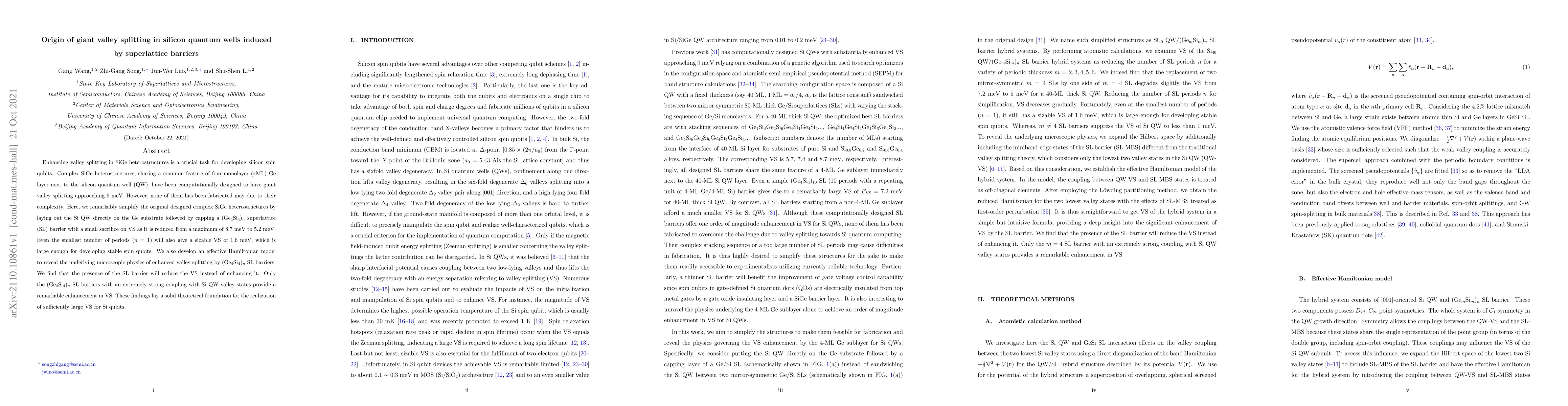 Thumbnail for Origin of giant valley splitting in silicon quantum wells induced by
  superlattice barriers