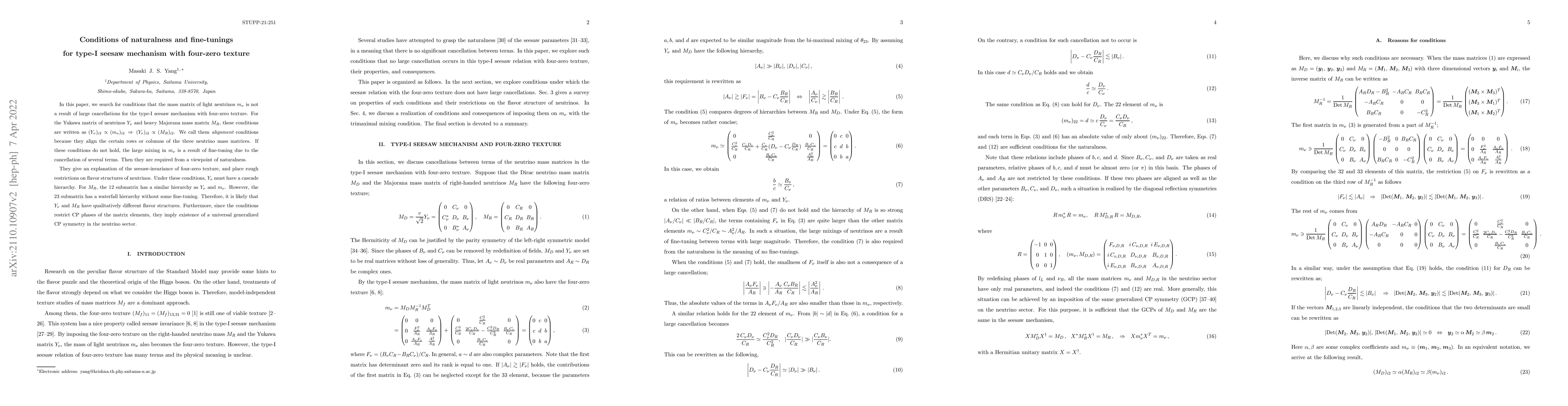 Thumbnail for Conditions of naturalness and fine-tunings for type-I seesaw mechanism
  with four-zero texture