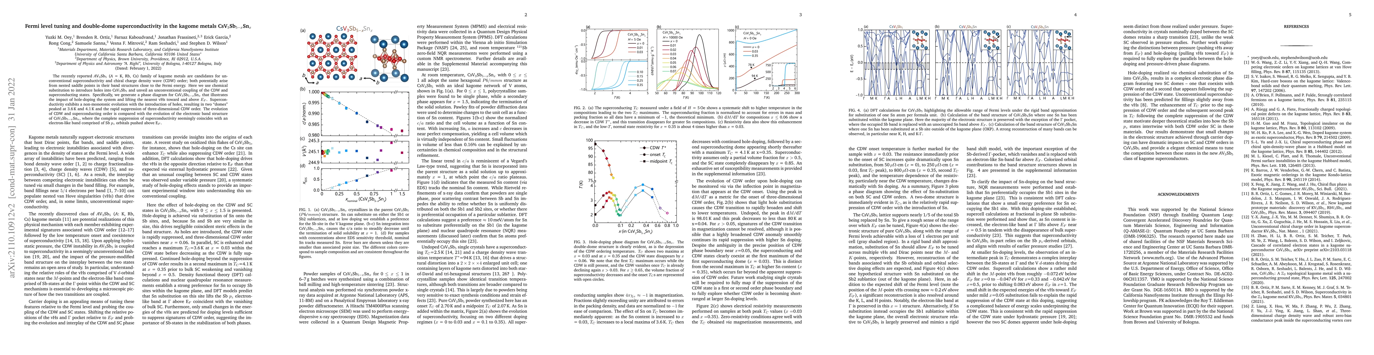 Thumbnail for Fermi level tuning and double-dome superconductivity in the kagome
  metals CsV$_3$Sb$_{5-x}$Sn$_x$