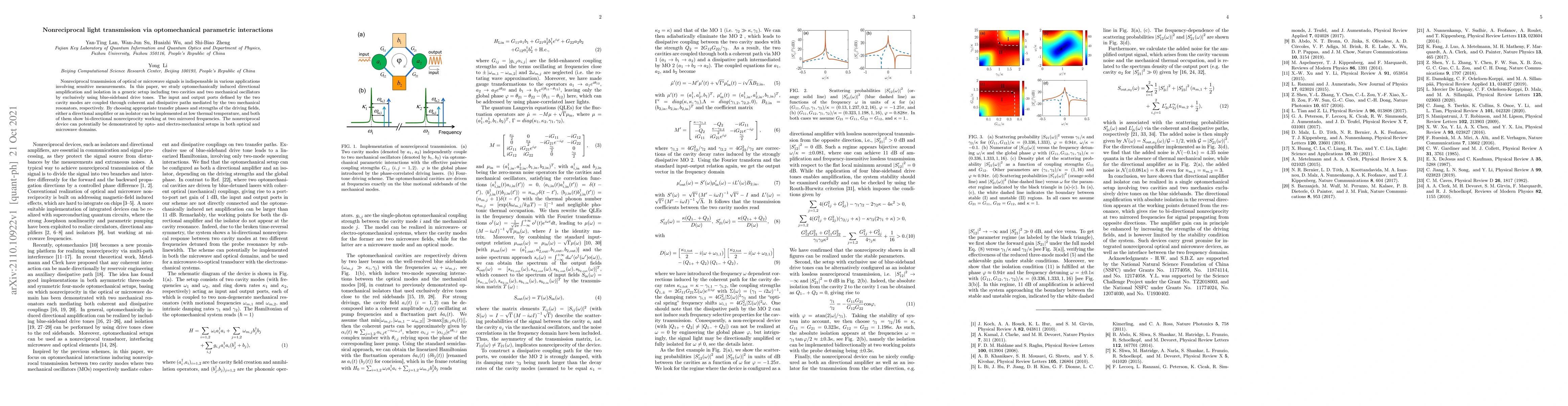 Thumbnail for Nonreciprocal light transmission via optomechanical parametric
  interactions
