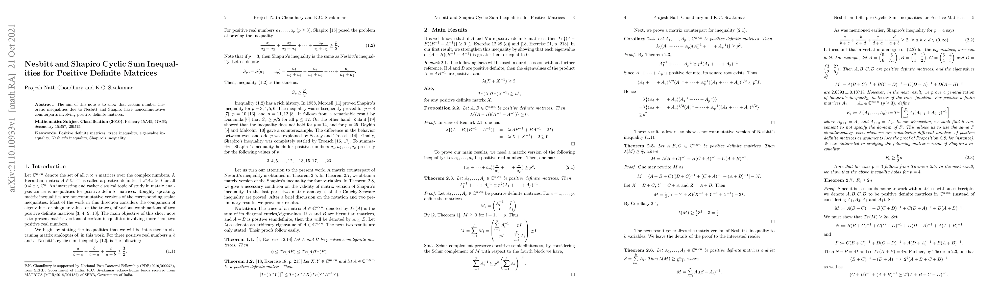 Thumbnail for Nesbitt and Shapiro Cyclic Sum Inequalities for Positive Definite
  Matrices