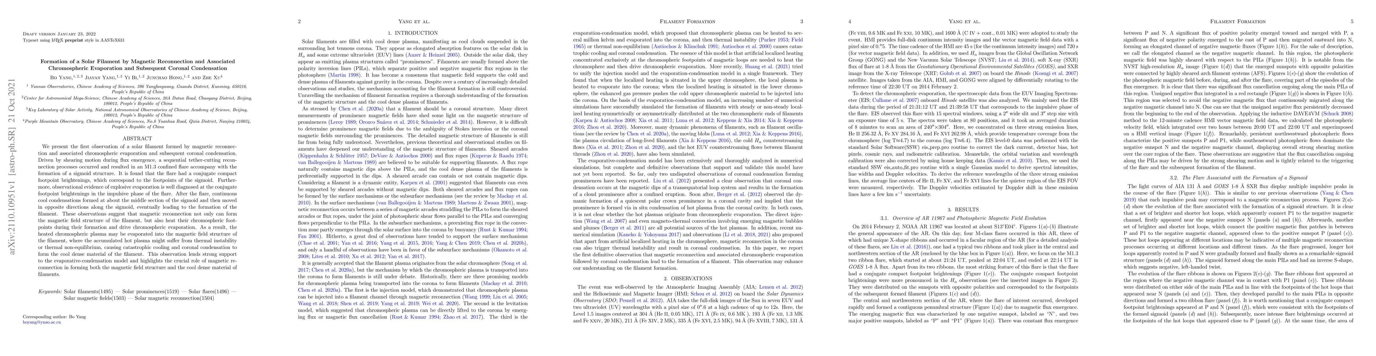 Thumbnail for Formation of a Solar Filament by Magnetic Reconnection and Associated
  Chromospheric Evaporation and Subsequent Coronal Condensation