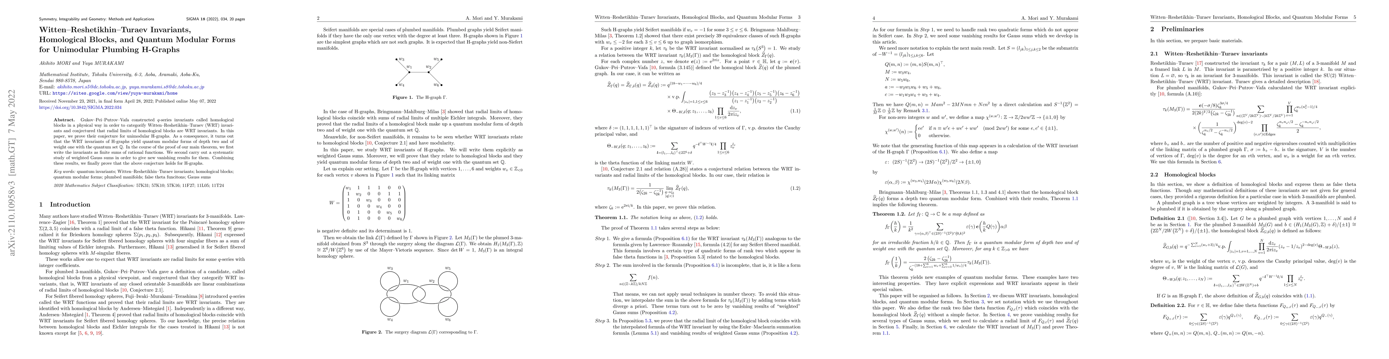 Thumbnail for Witten-Reshetikhin-Turaev Invariants, Homological Blocks, and Quantum
  Modular Forms for Unimodular Plumbing H-Graphs