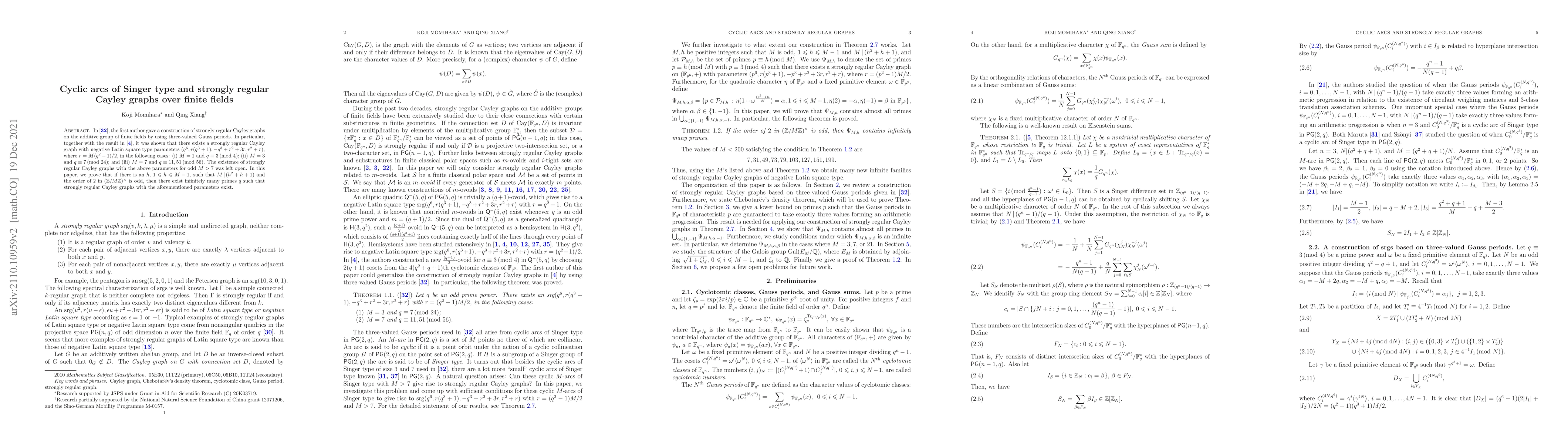 Thumbnail for Cyclic arcs of Singer type and strongly regular Cayley graphs over
  finite fields