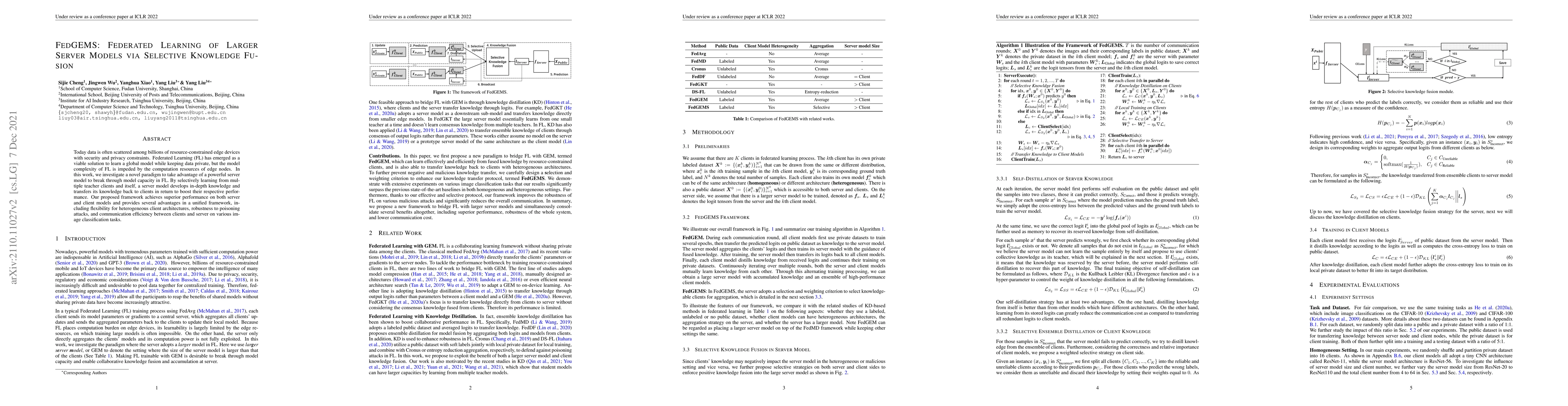 Thumbnail for FedGEMS: Federated Learning of Larger Server Models via Selective
  Knowledge Fusion