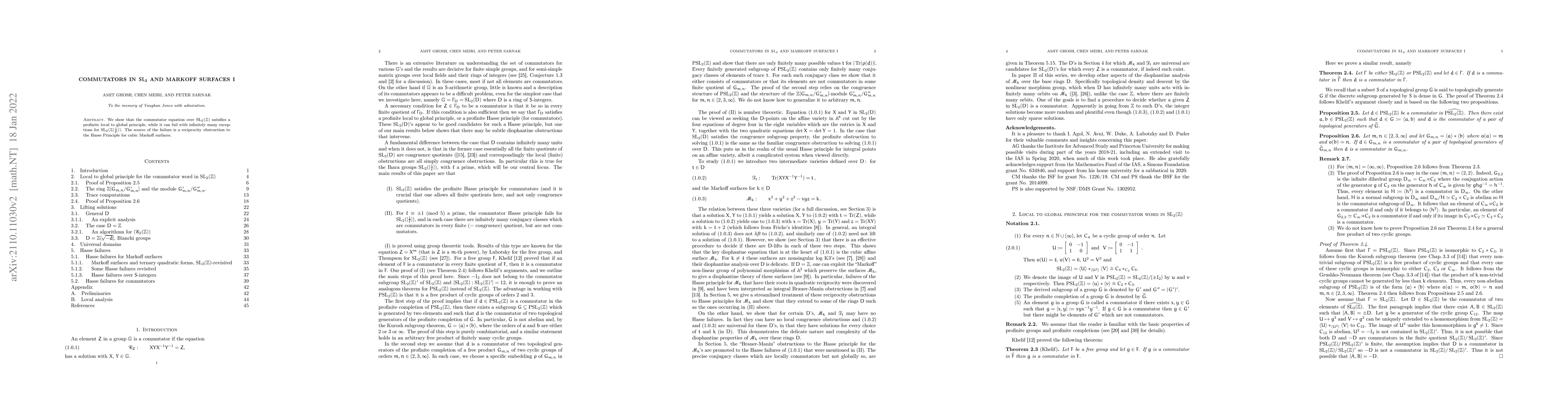 Thumbnail for Commutators in $\mathrm{SL}_2$ and Markoff surfaces I