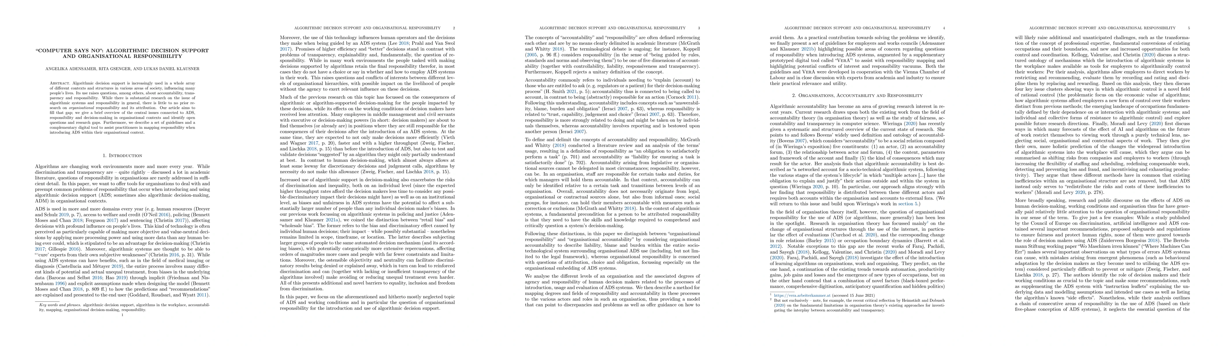 Thumbnail for "Computer Says No": Algorithmic Decision Support and Organisational
  Responsibility