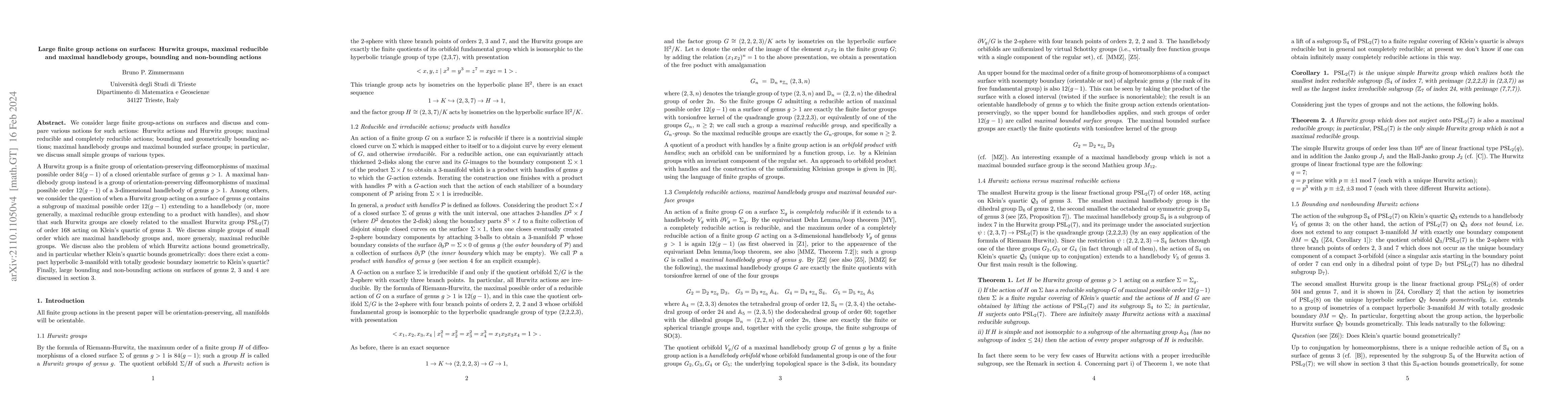 Thumbnail for Large finite group actions on surfaces: Hurwitz groups, maximal
  reducible and maximal handlebody groups, bounding and non-bounding actions