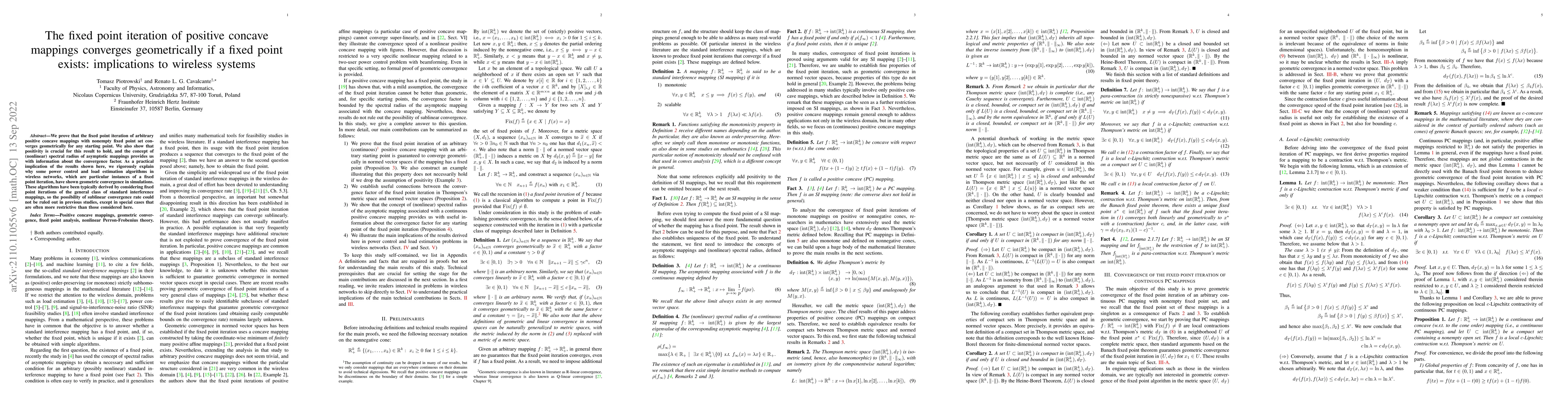 Thumbnail for The fixed point iteration of positive concave mappings converges
  geometrically if a fixed point exists: implications to wireless systems