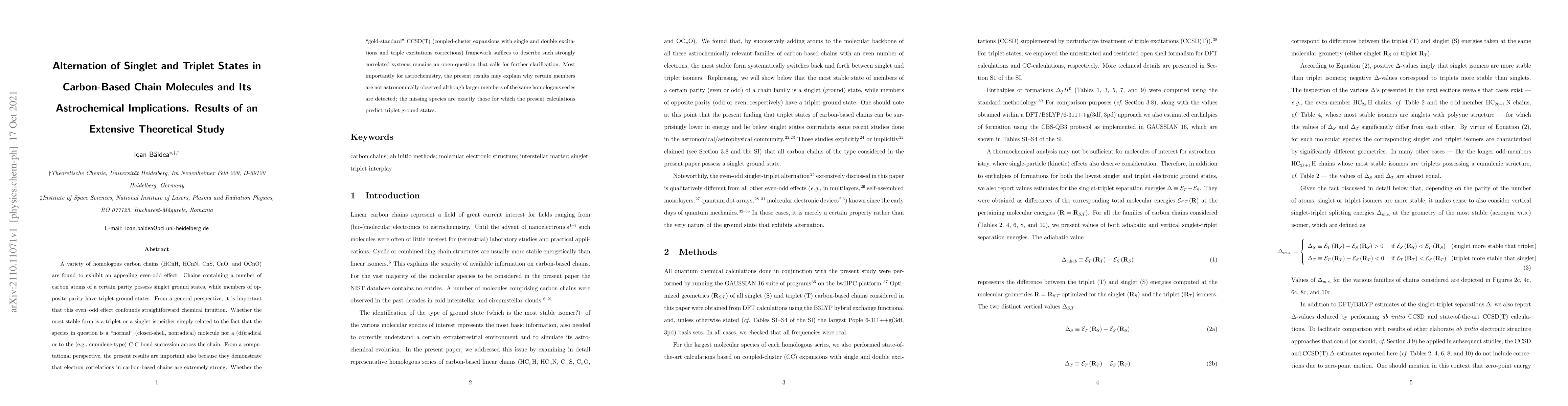 Thumbnail for Alternation of Singlet and Triplet States in Carbon-Based Chain
  Molecules and Its Astrochemical Implications. Results of an Extensive
  Theoretical Study