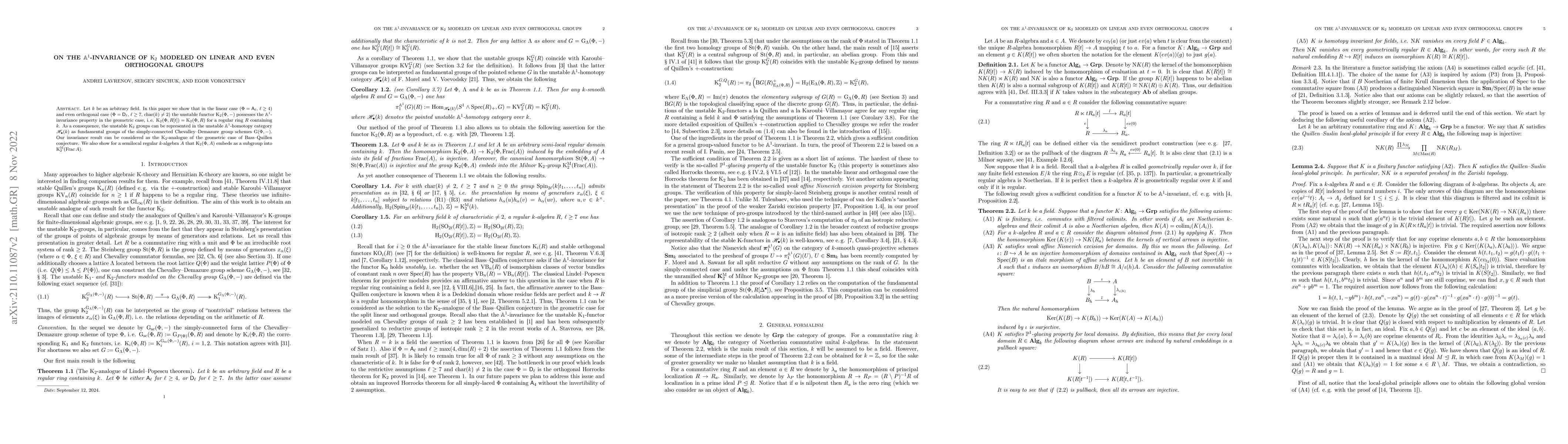 Thumbnail for On the $\mathbb{A}^1$-invariance of $\mathrm{K}_2$ modeled on linear and
  even orthogonal groups