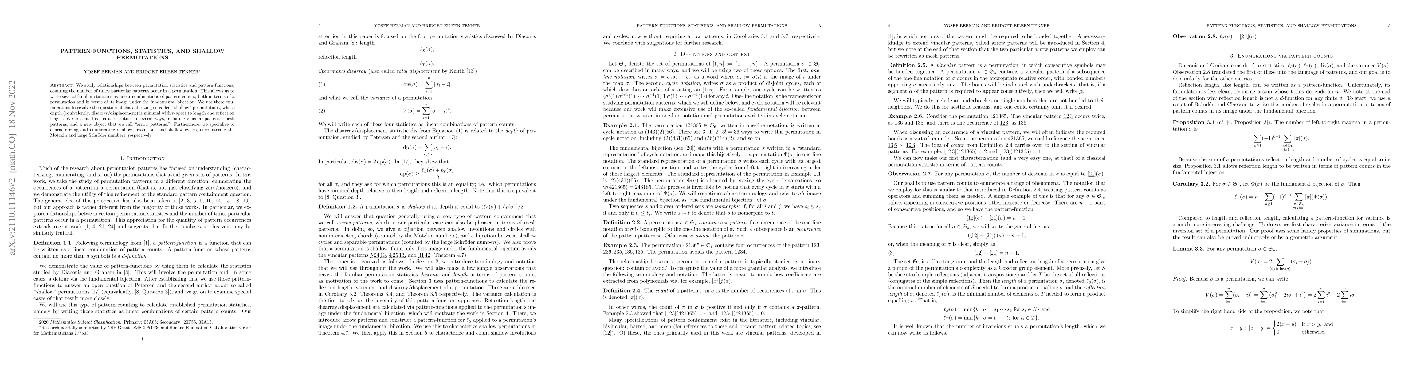 Thumbnail for Pattern-functions, statistics, and shallow permutations