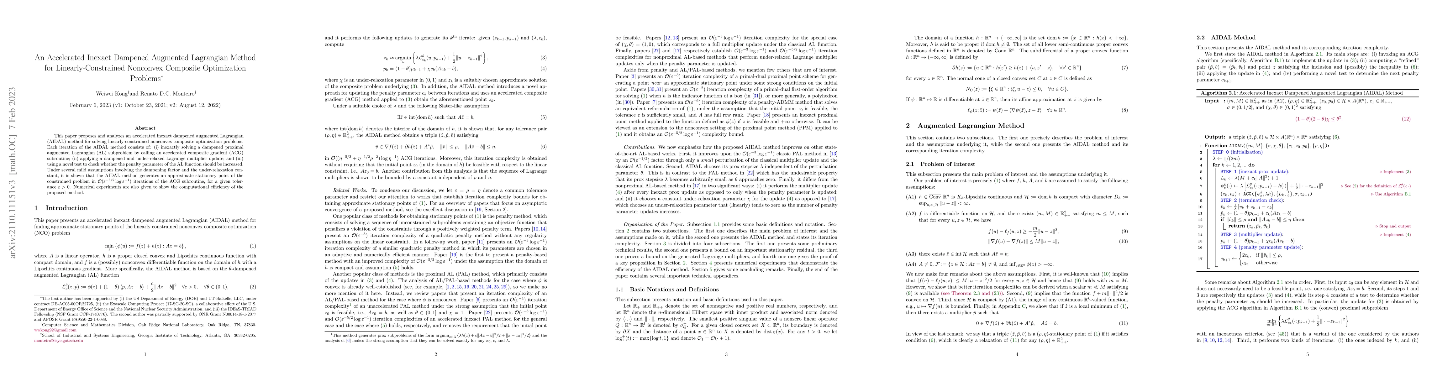 Thumbnail for An Accelerated Inexact Dampened Augmented Lagrangian Method for
  Linearly-Constrained Nonconvex Composite Optimization Problems