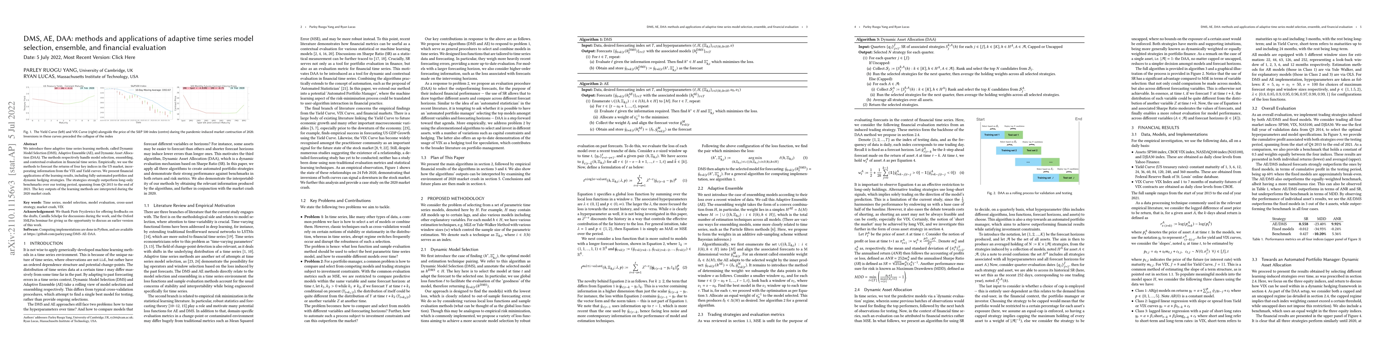 Thumbnail for DMS, AE, DAA: methods and applications of adaptive time series model
  selection, ensemble, and financial evaluation