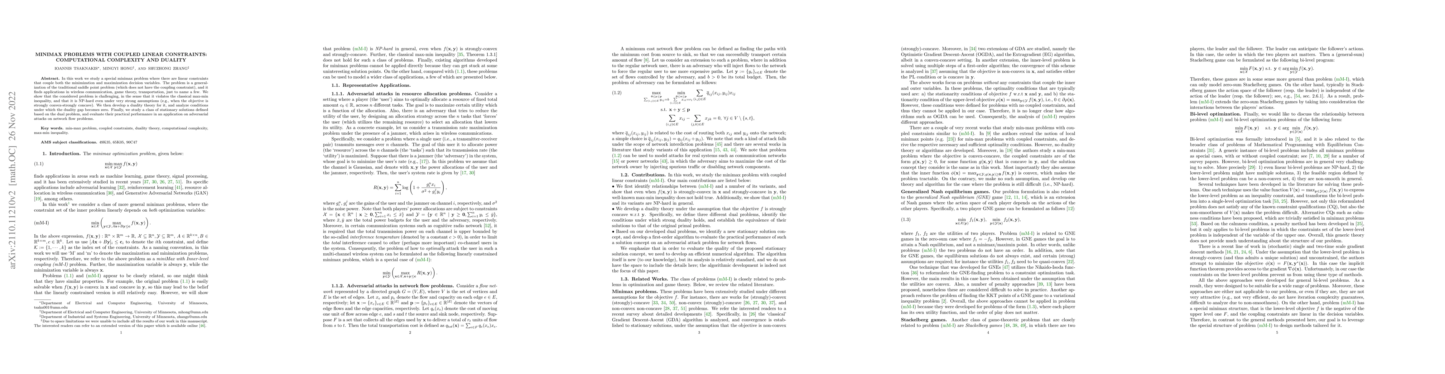 Thumbnail for Minimax Problems with Coupled Linear Constraints: Computational
  Complexity, Duality and Solution Methods
