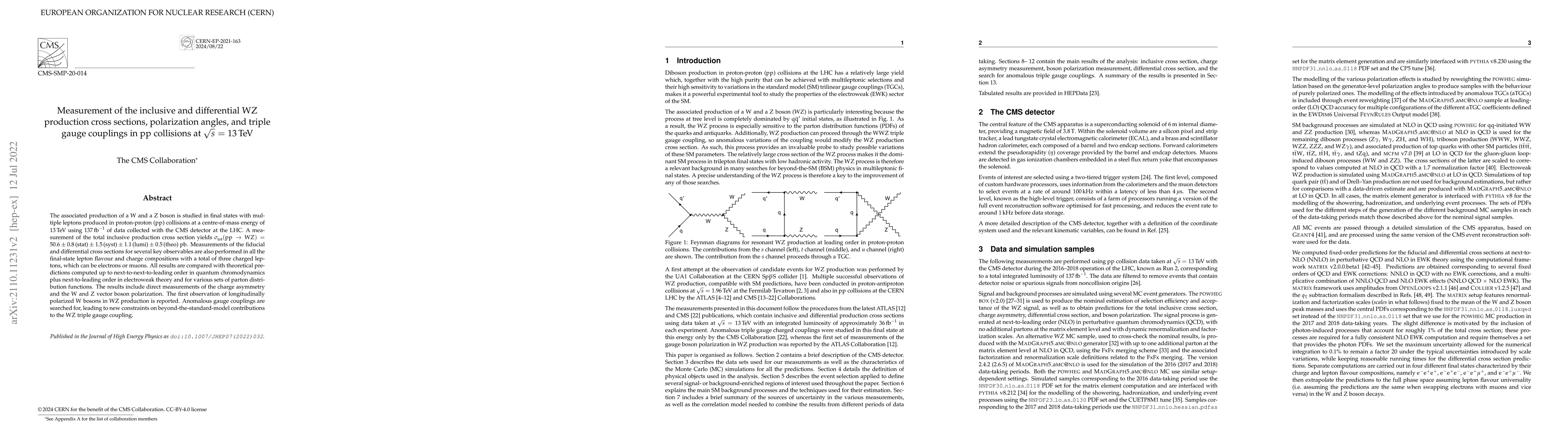 Thumbnail for Measurement of the inclusive and differential WZ production cross
  sections, polarization angles, and triple gauge couplings in pp collisions at
  $\sqrt{s} =$ 13 TeV
