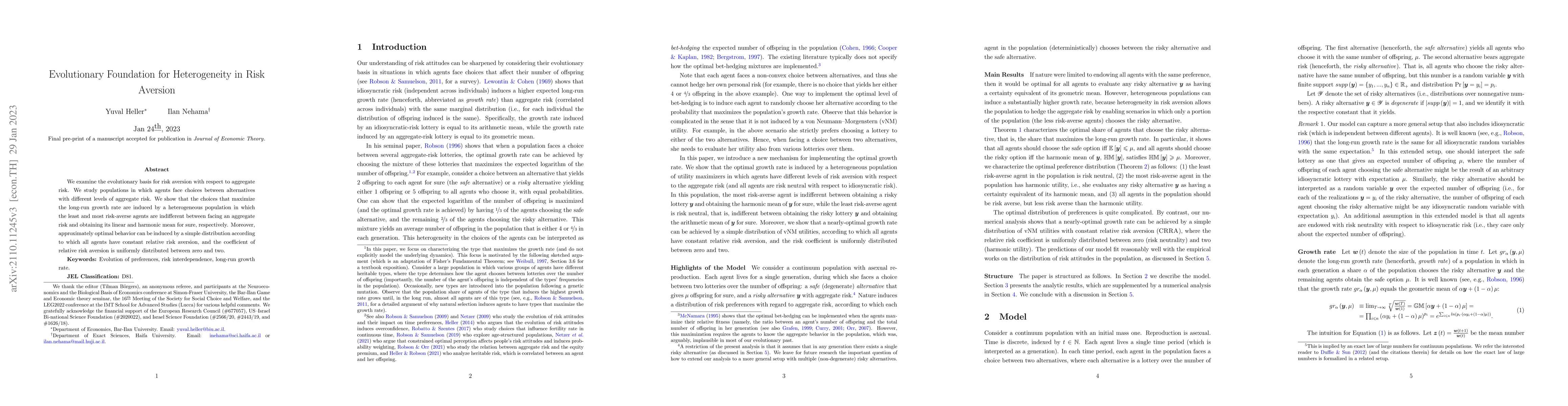 Thumbnail for Evolutionary Foundation for Heterogeneity in Risk Aversion
