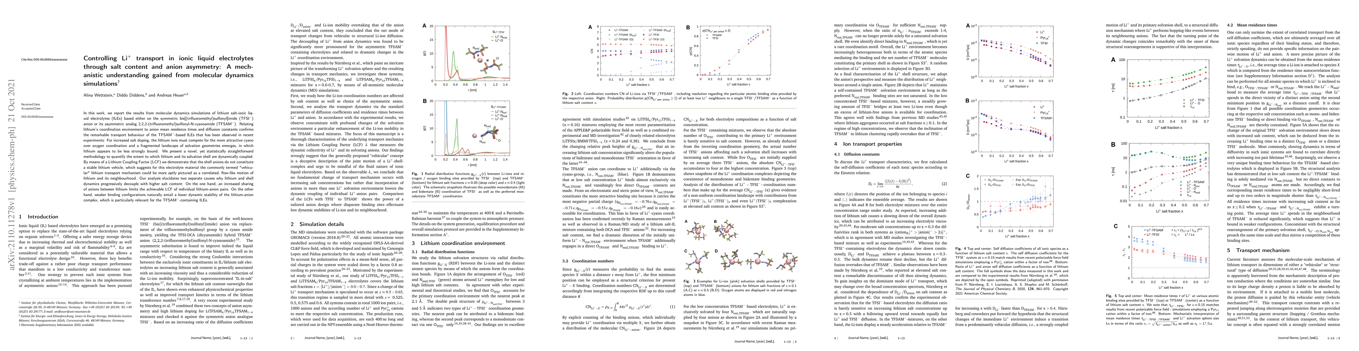 Thumbnail for Controlling $\text{Li}^+$ transport in ionic liquid electrolytes through
  salt content and anion asymmetry: A mechanistic understanding gained from
  molecular dynamics simulations