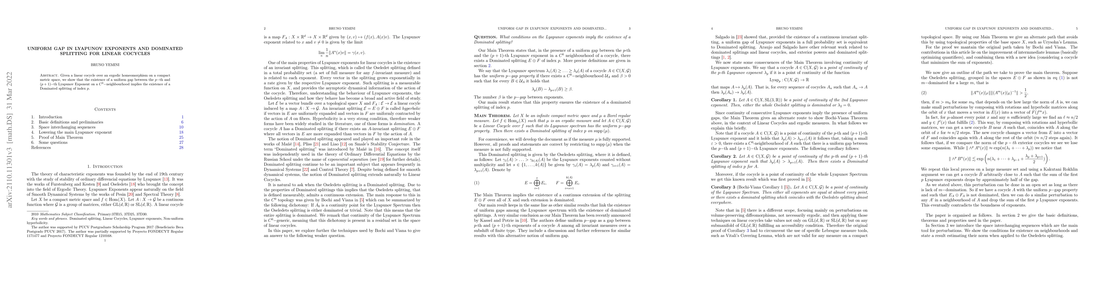 Thumbnail for Uniform gap in Lyapunov exponents and dominated splitting for linear
  cocycles