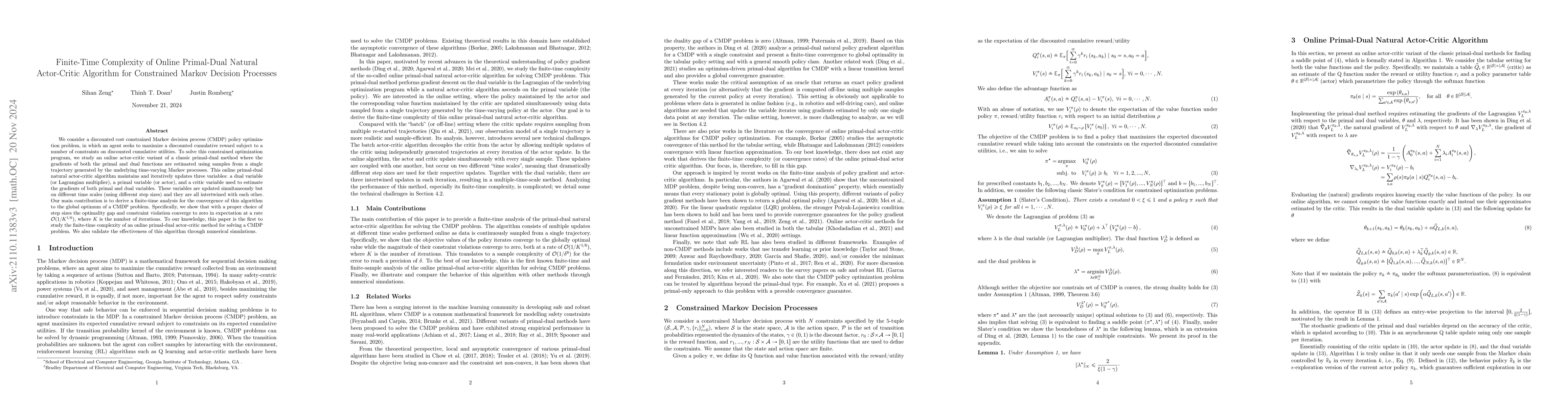 Thumbnail for Finite-Time Complexity of Online Primal-Dual Natural Actor-Critic
  Algorithm for Constrained Markov Decision Processes