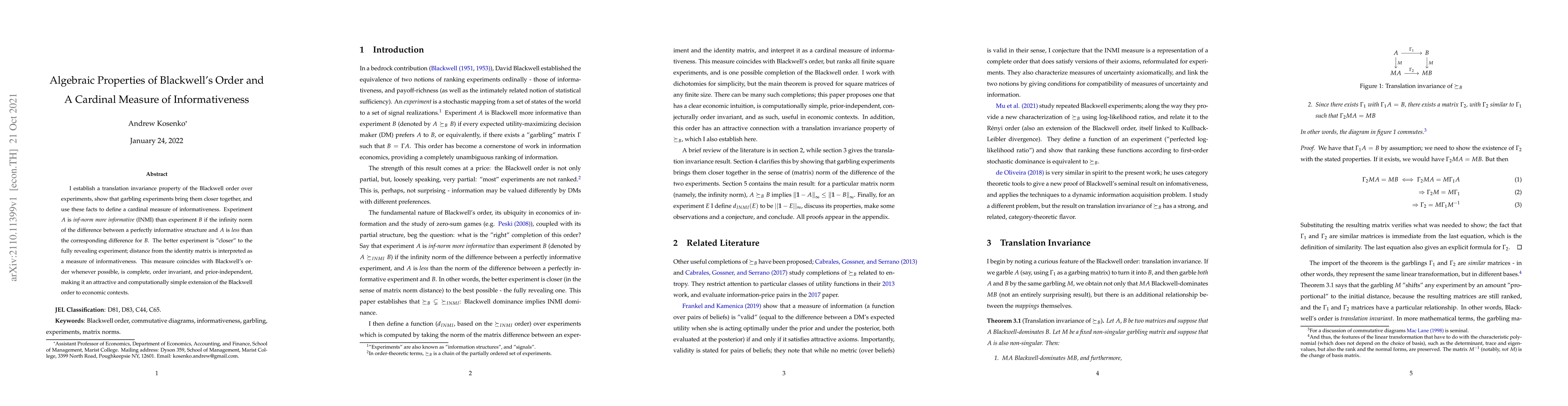 Thumbnail for Algebraic Properties of Blackwell's Order and A Cardinal Measure of
  Informativeness