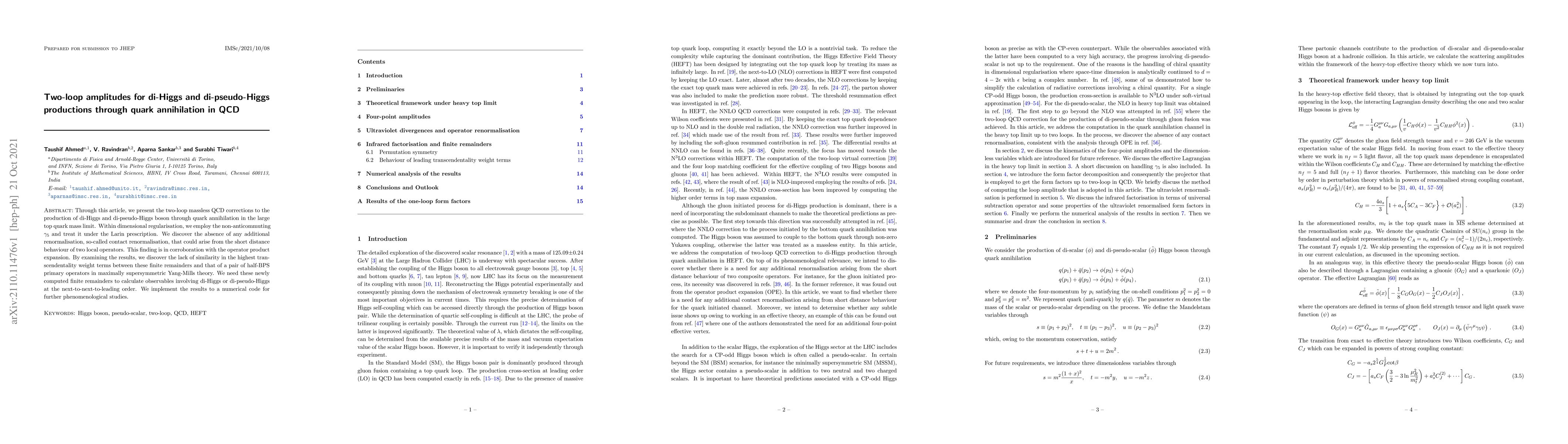 Thumbnail for Two-loop amplitudes for di-Higgs and di-pseudo-Higgs productions through
  quark annihilation in QCD