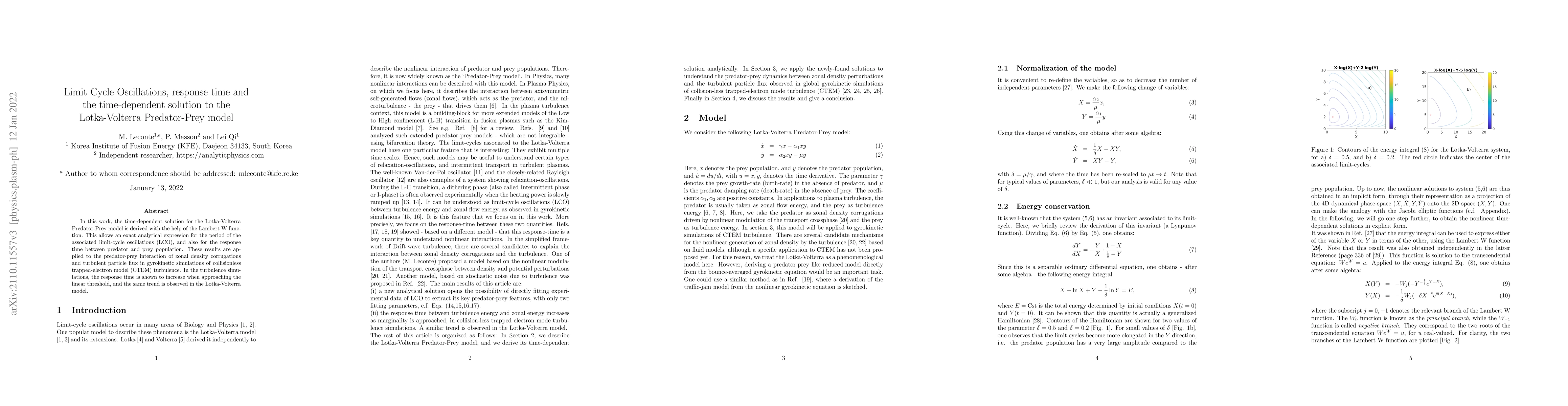 Thumbnail for Limit Cycle Oscillations, response time and the time-dependent solution
  to the Lotka-Volterra Predator-Prey model
