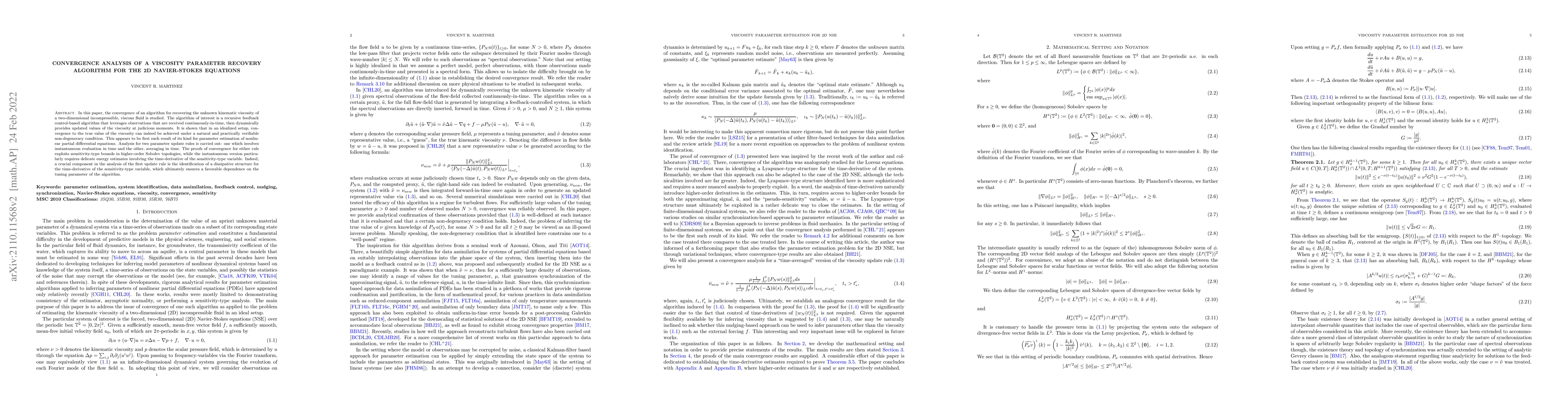 Thumbnail for Convergence Analysis of a Viscosity Parameter Recovery Algorithm for the
  2D Navier-Stokes Equations