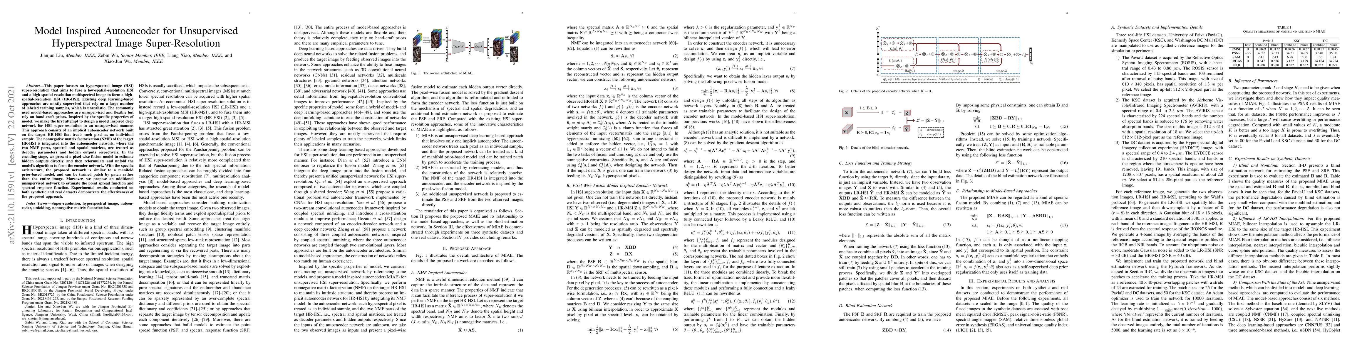 Thumbnail for Model Inspired Autoencoder for Unsupervised Hyperspectral Image
  Super-Resolution