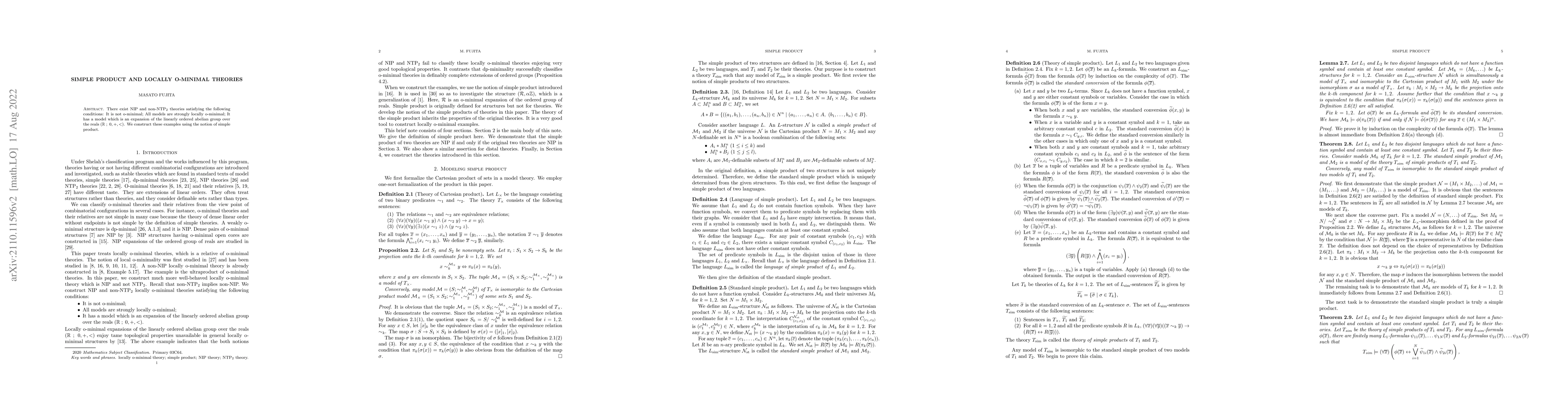 Thumbnail for Simple product and locally o-minimal theories