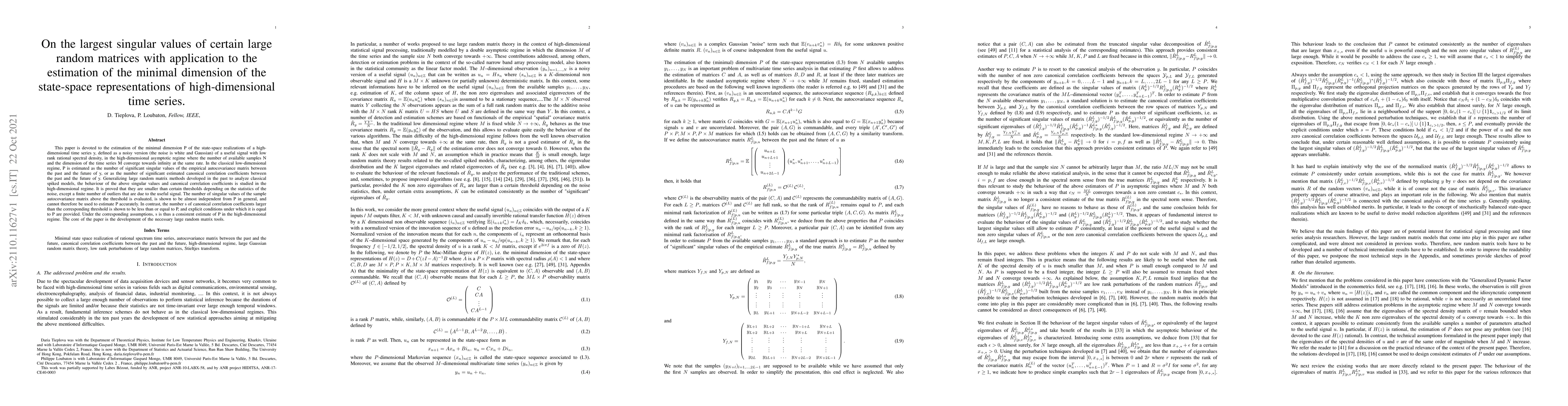 Thumbnail for On the largest singular values of certain large random matrices with
  application to the estimation of the minimal dimension of the state-space
  representations of high-dimensional time series