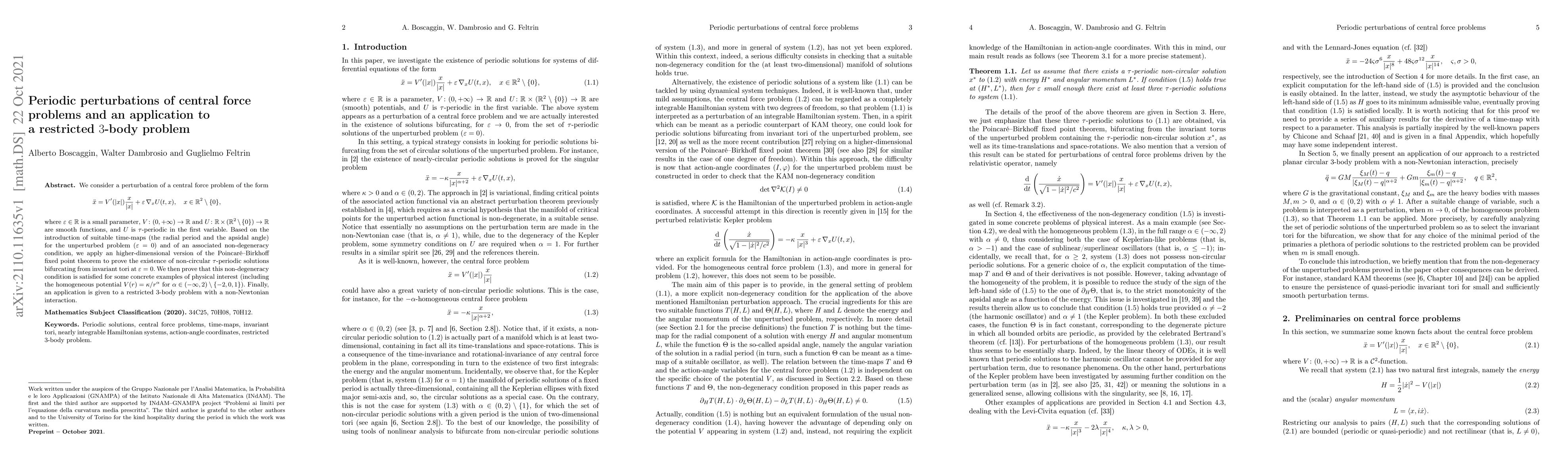 Thumbnail for Periodic perturbations of central force problems and an application to a
  restricted $3$-body problem