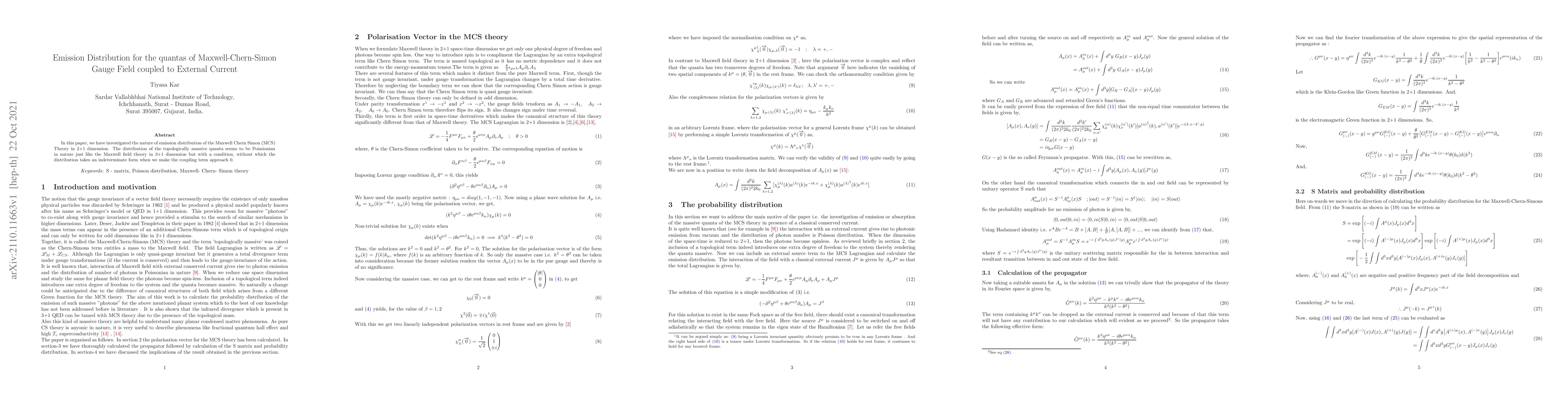 Thumbnail for Emission Distribution for the quantas of Maxwell-Chern-Simon Gauge Field
  coupled to External Current