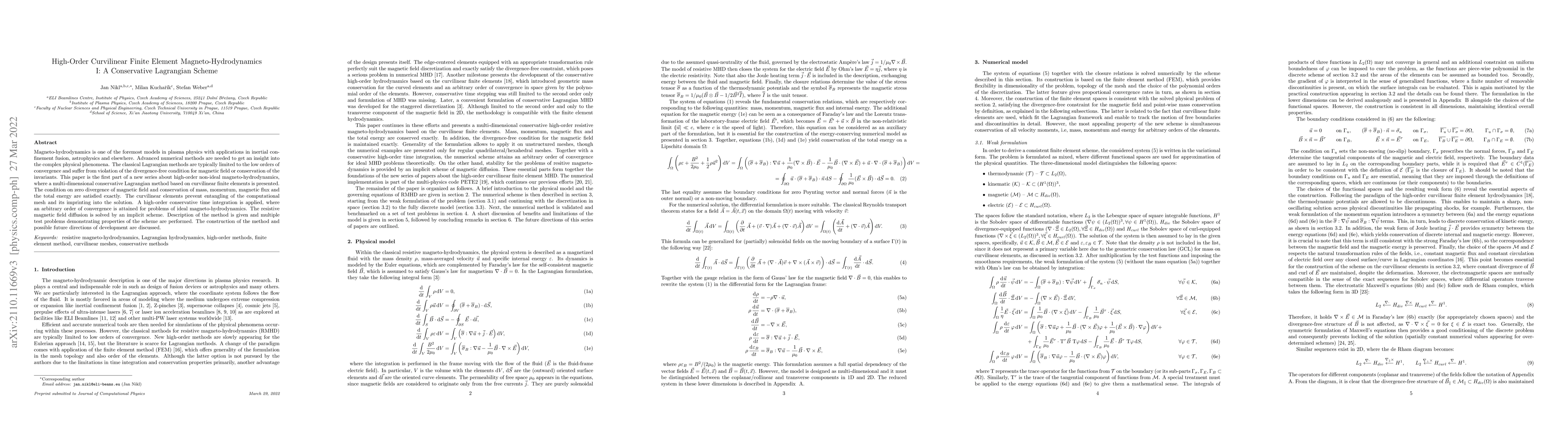 Thumbnail for High-Order Curvilinear Finite Element Magneto-Hydrodynamics I: A
  Conservative Lagrangian Scheme