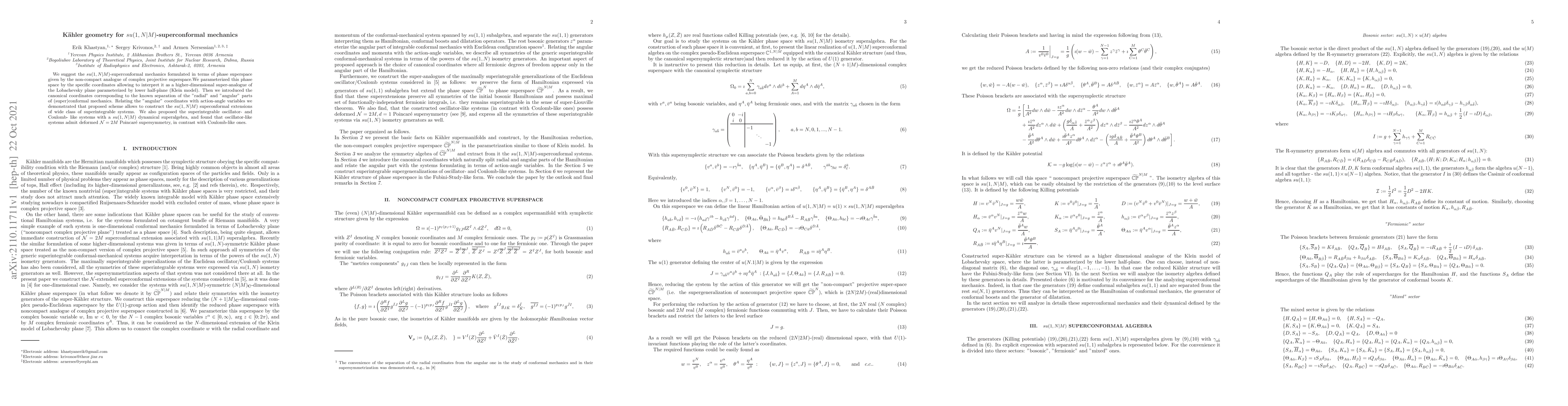 Thumbnail for K\"ahler geometry for $su(1,N|M)$-superconformal mechanics