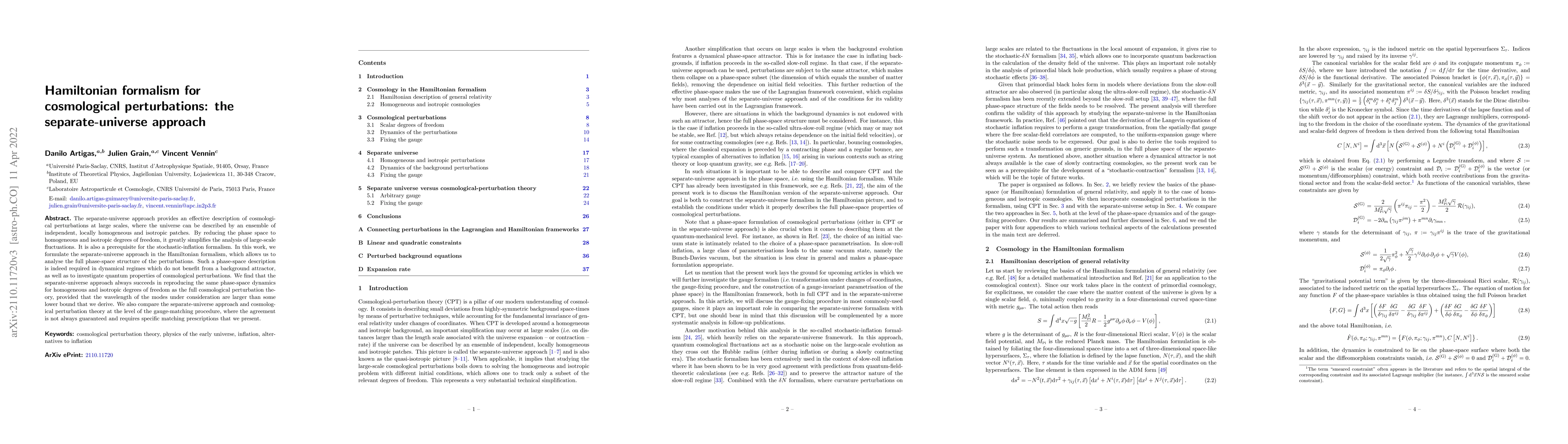 Thumbnail for Hamiltonian formalism for cosmological perturbations: the
  separate-universe approach
