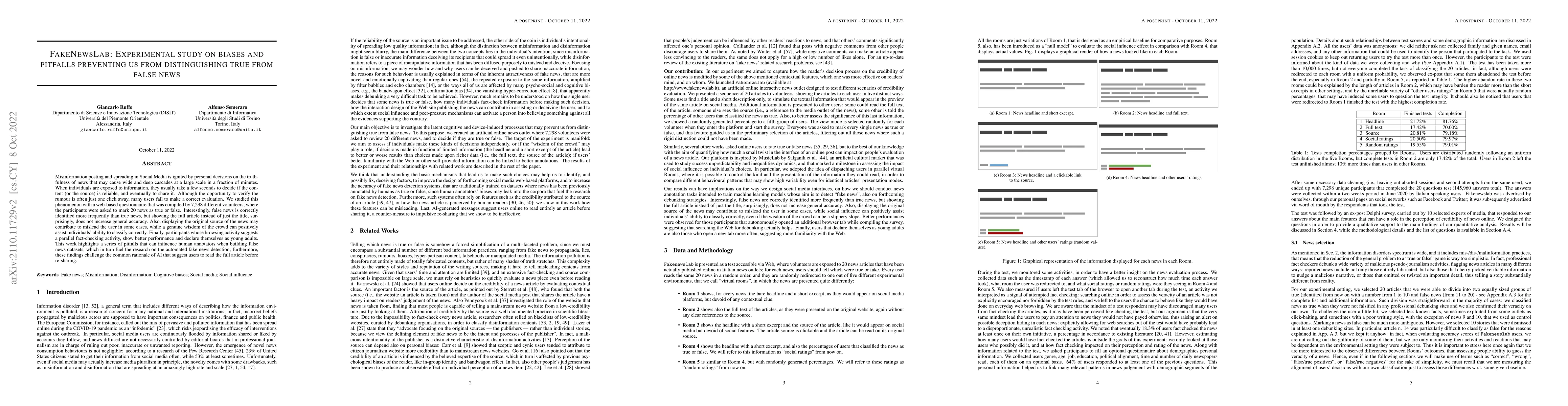 Thumbnail for FakeNewsLab: Experimental Study on Biases and Pitfalls Preventing us
  from Distinguishing True from False News