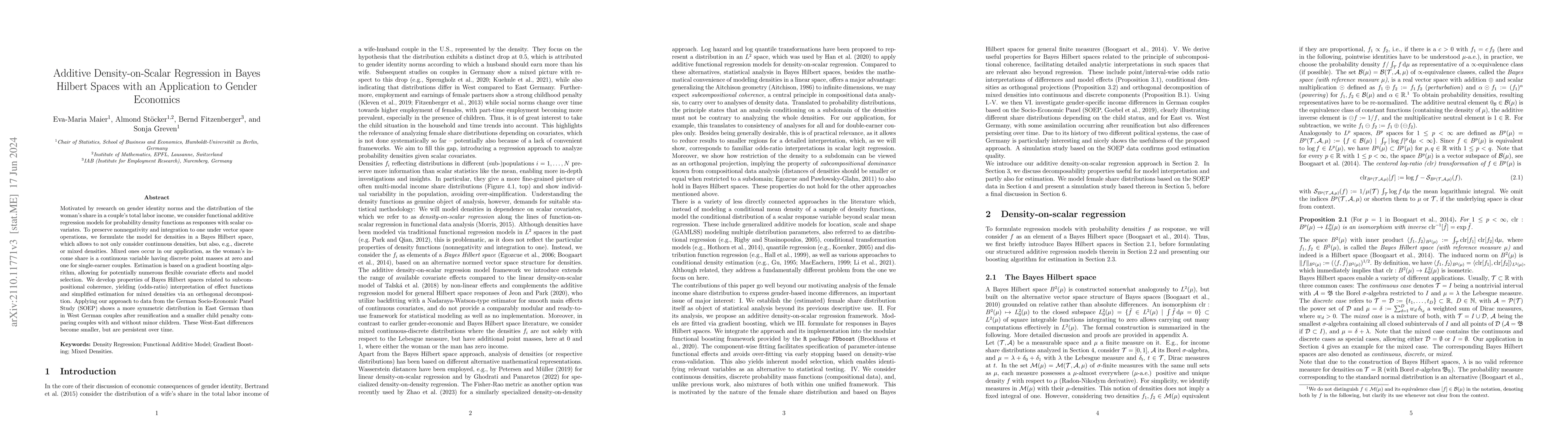 Thumbnail for Additive Density-on-Scalar Regression in Bayes Hilbert Spaces with an
  Application to Gender Economics