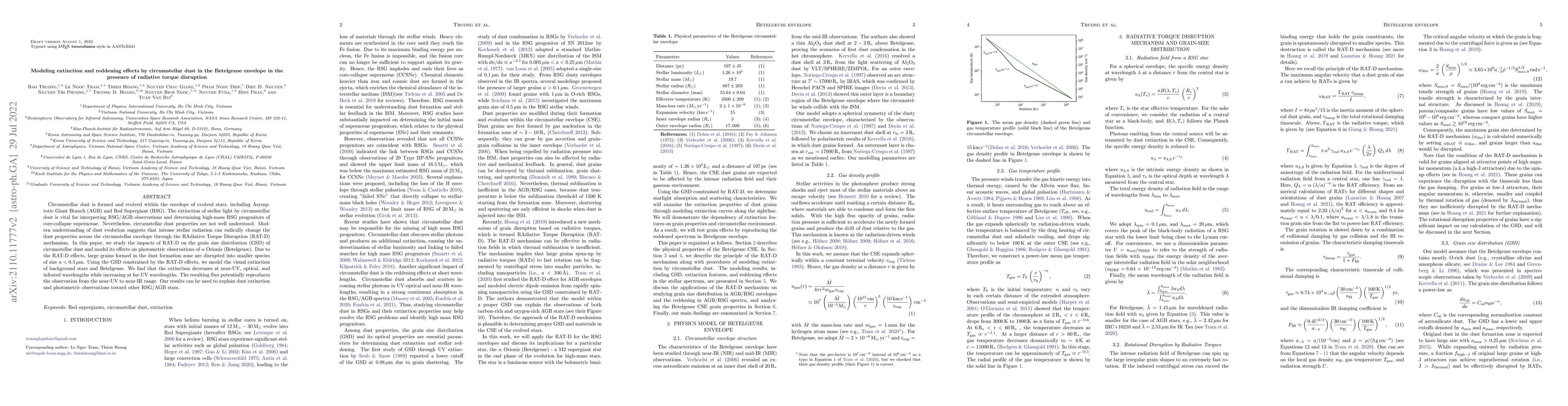 Thumbnail for Modeling extinction and reddening effects by circumstellar dust in the
  Betelgeuse envelope in the presence of radiative torque disruption