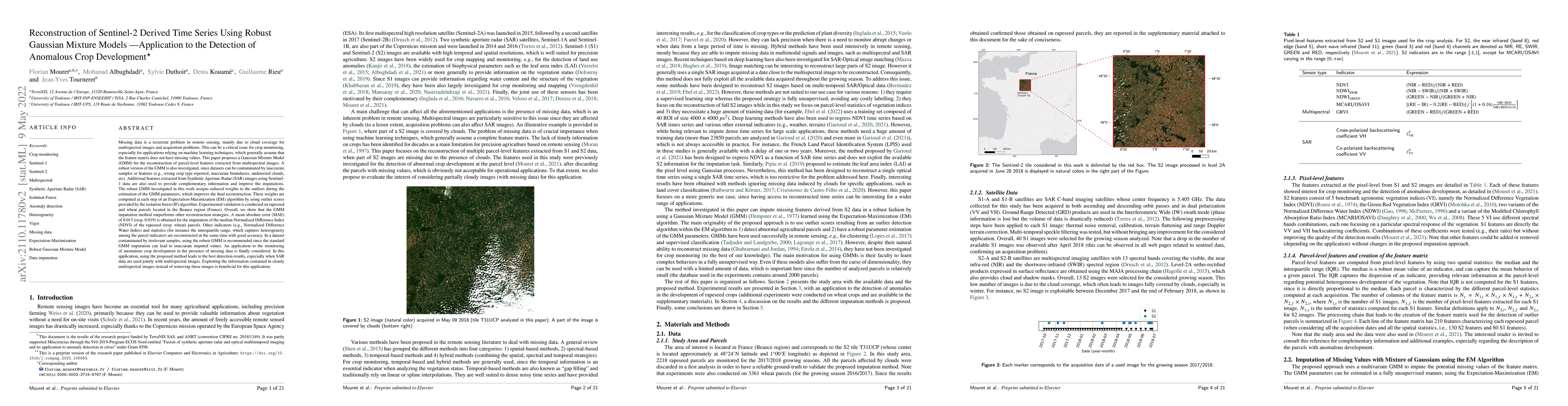 Thumbnail for Reconstruction of Sentinel-2 Time Series Using Robust Gaussian Mixture
  Models -- Application to the Detection of Anomalous Crop Development in wheat
  and rapeseed crops