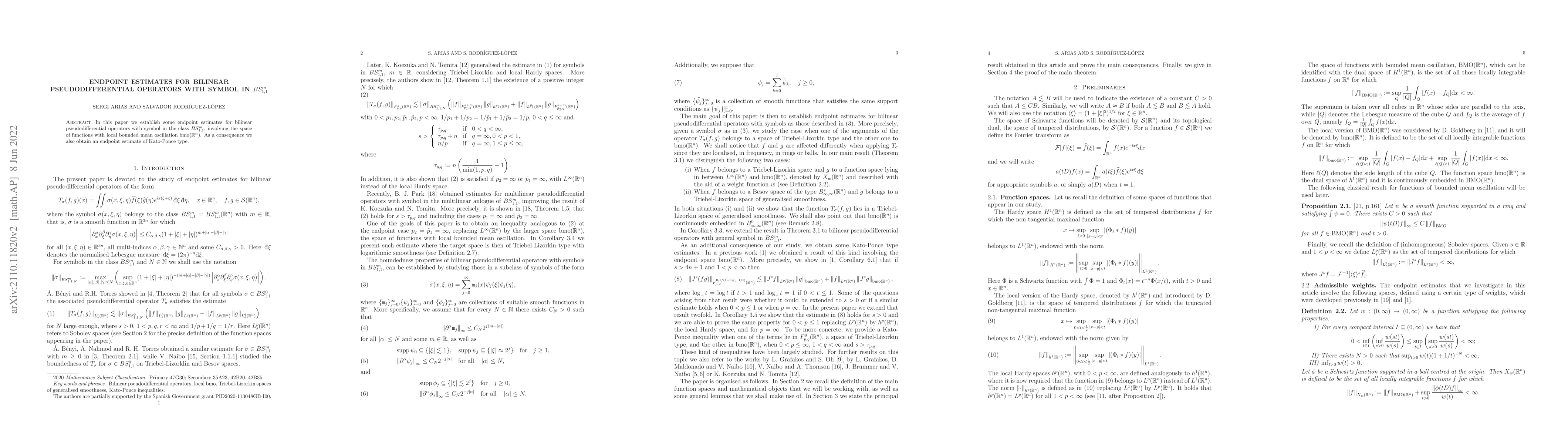 Thumbnail for Endpoint estimates for bilinear pseudodifferential operators with symbol
  in BS^m_{1,1}