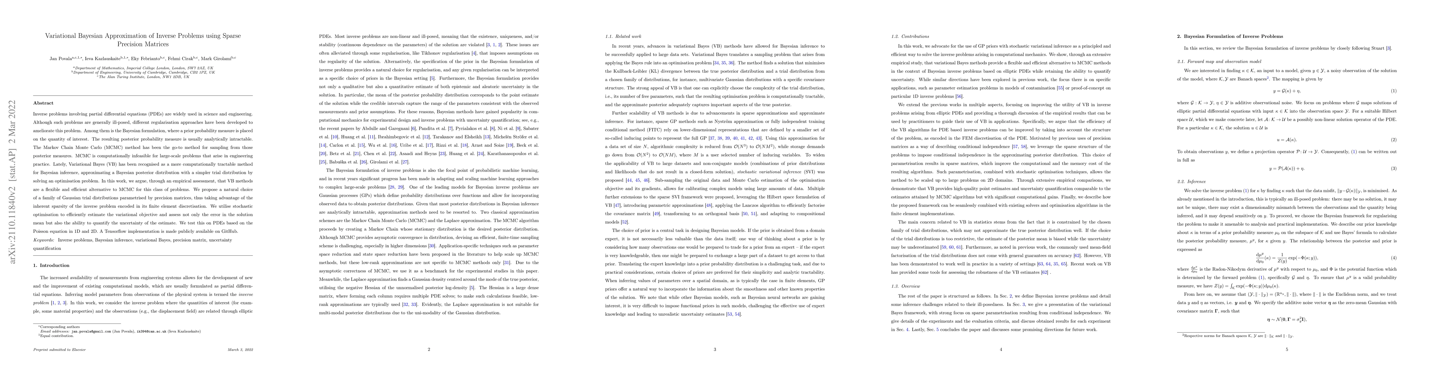 Thumbnail for Variational Bayesian Approximation of Inverse Problems using Sparse
  Precision Matrices
