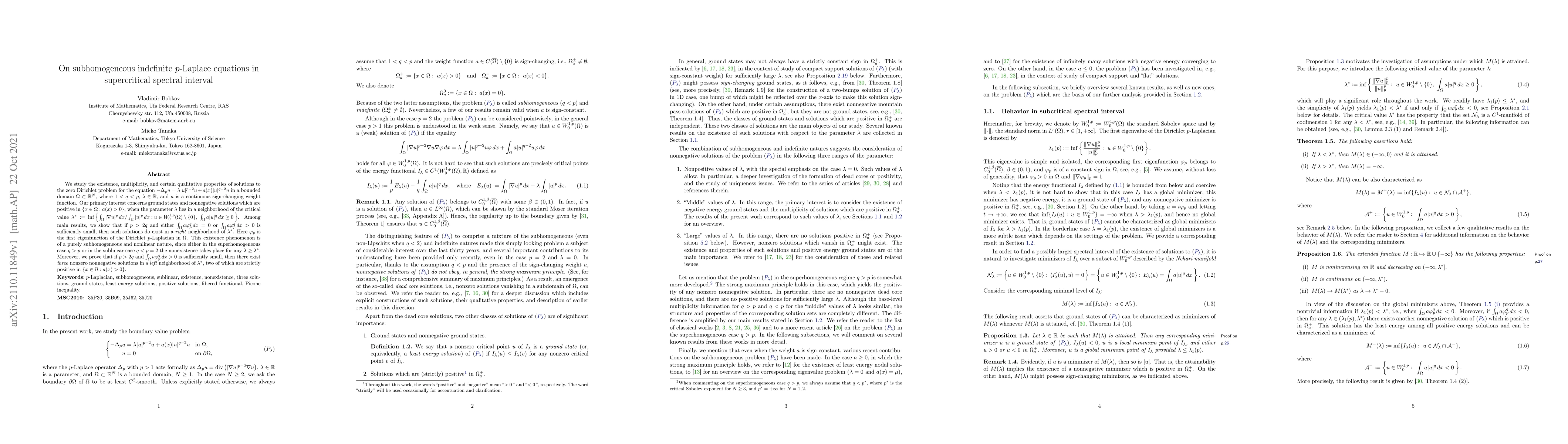 Thumbnail for On subhomogeneous indefinite $p$-Laplace equations in supercritical
  spectral interval