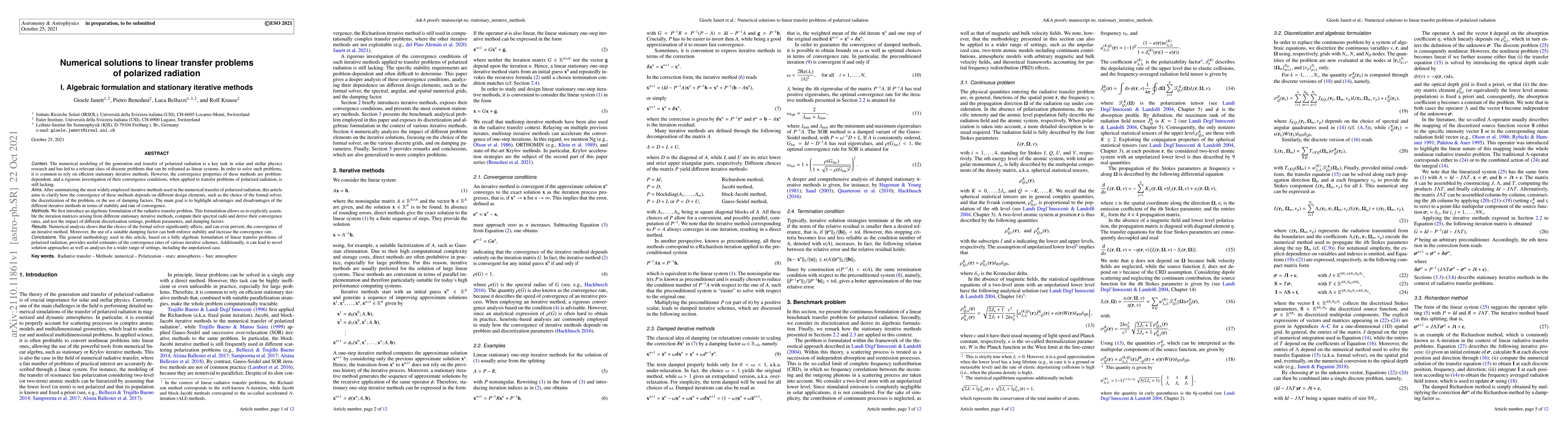 Thumbnail for Numerical solutions to linear transfer problems of polarized radiation
  I. Algebraic formulation and stationary iterative methods