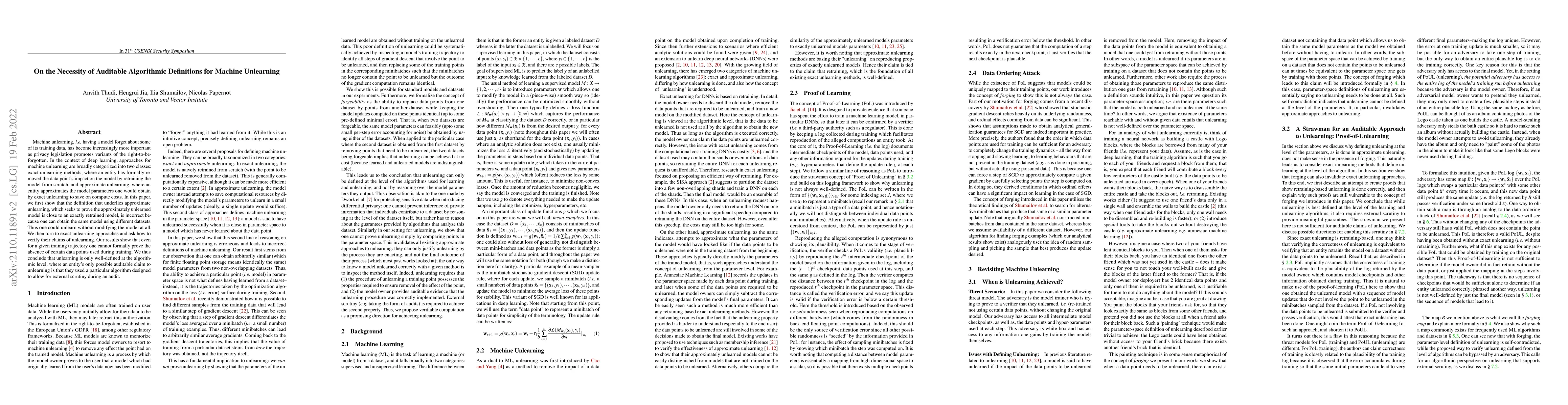 Thumbnail for On the Necessity of Auditable Algorithmic Definitions for Machine
  Unlearning