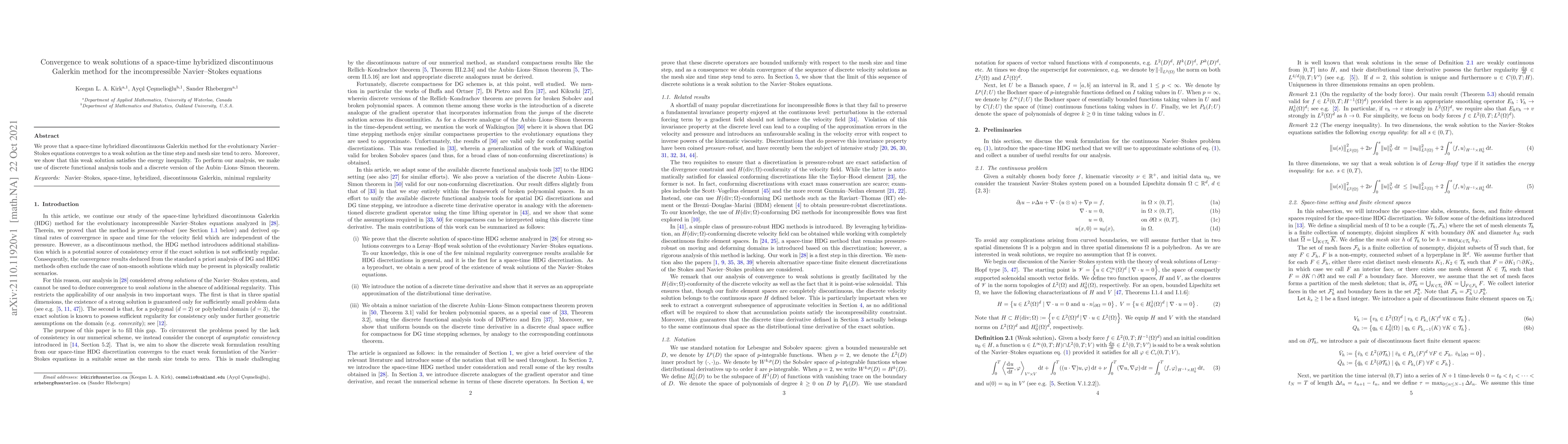 Thumbnail for Convergence to weak solutions of a space-time hybridized discontinuous
  Galerkin method for the incompressible Navier--Stokes equations